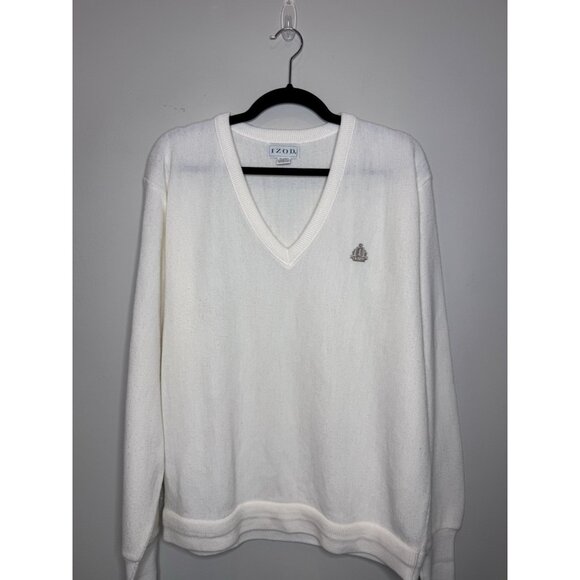 Izod Lacoste Men Pullover Sweater Ivory V-Neck Preppy Casual 80s USA L - Picture 1 of 8